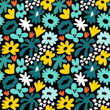 Abstract seamless pattern with cute hand drawn meadow flowers. Fashion stylish natural background. Hand drawn design elements for fabric, print, cover, banner, wrapping, wallpaper.