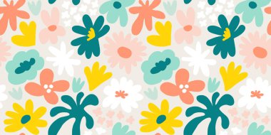 Abstract seamless pattern with cute hand drawn meadow flowers. Fashion stylish natural background. Hand drawn design elements for fabric, print, cover, banner, wrapping, wallpaper.