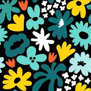 Abstract seamless pattern with cute hand drawn meadow flowers. Fashion stylish natural background. Hand drawn design elements for fabric, print, cover, banner, wrapping, wallpaper.
