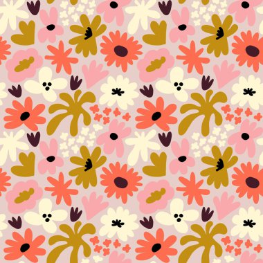 Abstract seamless pattern with cute hand drawn meadow flowers. Fashion stylish natural background. Hand drawn design elements for fabric, print, cover, banner, wrapping, wallpaper.