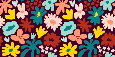 Abstract seamless pattern with cute hand drawn meadow flowers. Fashion stylish natural background. Hand drawn design elements for fabric, print, cover, banner, wrapping, wallpaper.