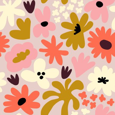 Abstract seamless pattern with cute hand drawn meadow flowers. Fashion stylish natural background. Hand drawn design elements for fabric, print, cover, banner, wrapping, wallpaper.