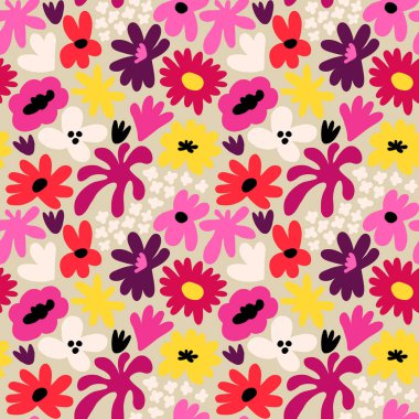 Abstract seamless pattern with cute hand drawn meadow flowers. Fashion stylish natural background. Hand drawn design elements for fabric, print, cover, banner, wrapping, wallpaper.