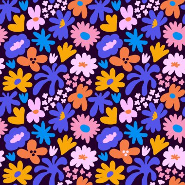 Abstract seamless pattern with cute hand drawn meadow flowers. Fashion stylish natural background. Hand drawn design elements for fabric, print, cover, banner, wrapping, wallpaper.