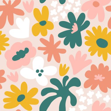Abstract seamless pattern with cute hand drawn meadow flowers. Fashion stylish natural background. Hand drawn design elements for fabric, print, cover, banner, wrapping, wallpaper.