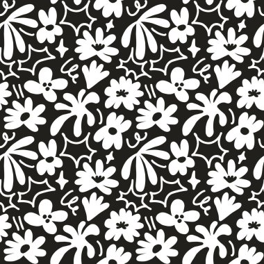 Abstract seamless pattern with cute hand drawn meadow flowers. Fashion stylish natural background. Hand drawn design elements for fabric, print, cover, banner, wrapping, wallpaper.