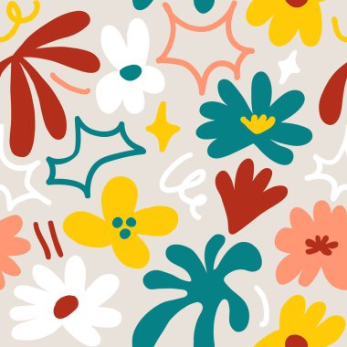 Abstract seamless pattern with cute hand drawn meadow flowers. Fashion stylish natural background. Hand drawn design elements for fabric, print, cover, banner, wrapping, wallpaper.