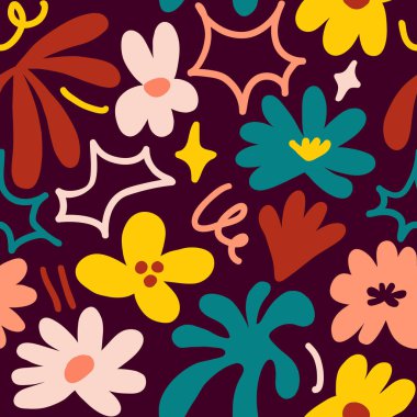 Abstract seamless pattern with cute hand drawn meadow flowers. Fashion stylish natural background. Hand drawn design elements for fabric, print, cover, banner, wrapping, wallpaper.