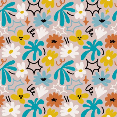 Abstract seamless pattern with cute hand drawn meadow flowers. Fashion stylish natural background. Hand drawn design elements for fabric, print, cover, banner, wrapping, wallpaper.