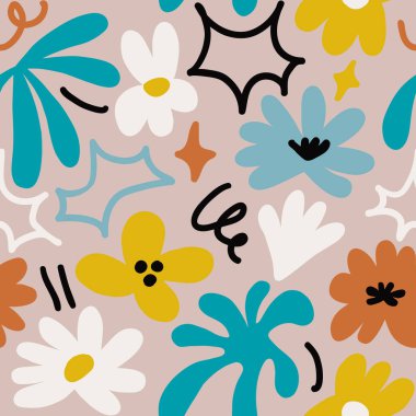 Abstract seamless pattern with cute hand drawn meadow flowers. Fashion stylish natural background. Hand drawn design elements for fabric, print, cover, banner, wrapping, wallpaper.