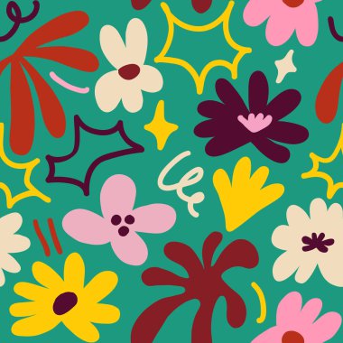 Abstract seamless pattern with cute hand drawn meadow flowers. Fashion stylish natural background. Hand drawn design elements for fabric, print, cover, banner, wrapping, wallpaper.
