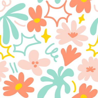 Abstract seamless pattern with cute hand drawn meadow flowers. Fashion stylish natural background. Hand drawn design elements for fabric, print, cover, banner, wrapping, wallpaper.