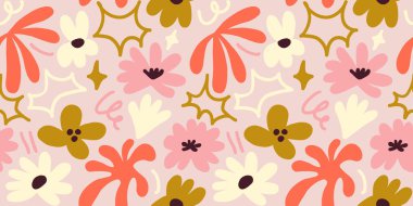 Abstract seamless pattern with cute hand drawn meadow flowers. Fashion stylish natural background. Hand drawn design elements for fabric, print, cover, banner, wrapping, wallpaper.