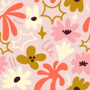 Abstract seamless pattern with cute hand drawn meadow flowers. Fashion stylish natural background. Hand drawn design elements for fabric, print, cover, banner, wrapping, wallpaper.