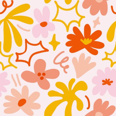 Abstract seamless pattern with cute hand drawn meadow flowers. Fashion stylish natural background. Hand drawn design elements for fabric, print, cover, banner, wrapping, wallpaper.