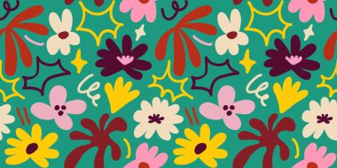 Abstract seamless pattern with cute hand drawn meadow flowers. Fashion stylish natural background. Hand drawn design elements for fabric, print, cover, banner, wrapping, wallpaper.
