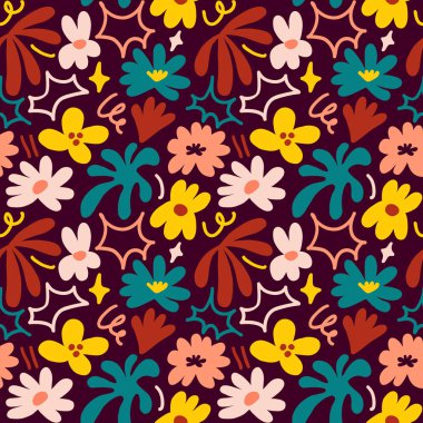 Abstract seamless pattern with cute hand drawn meadow flowers. Fashion stylish natural background. Hand drawn design elements for fabric, print, cover, banner, wrapping, wallpaper.