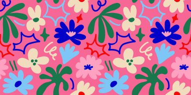 Abstract seamless pattern with cute hand drawn meadow flowers. Fashion stylish natural background. Hand drawn design elements for fabric, print, cover, banner, wrapping, wallpaper.