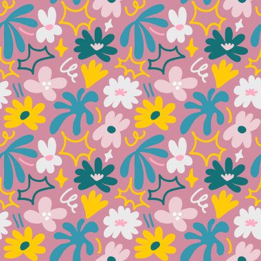 Abstract seamless pattern with cute hand drawn meadow flowers. Fashion stylish natural background. Hand drawn design elements for fabric, print, cover, banner, wrapping, wallpaper.