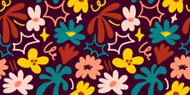 Abstract seamless pattern with cute hand drawn meadow flowers. Fashion stylish natural background. Hand drawn design elements for fabric, print, cover, banner, wrapping, wallpaper.