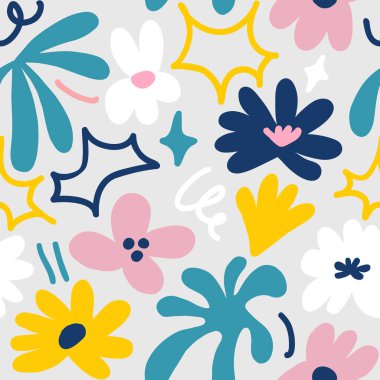 Abstract seamless pattern with cute hand drawn meadow flowers. Fashion stylish natural background. Hand drawn design elements for fabric, print, cover, banner, wrapping, wallpaper.