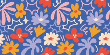 Abstract seamless pattern with cute hand drawn meadow flowers. Fashion stylish natural background. Hand drawn design elements for fabric, print, cover, banner, wrapping, wallpaper.