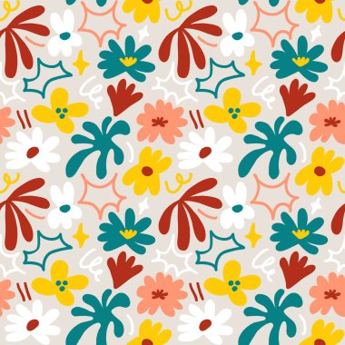 Abstract seamless pattern with cute hand drawn meadow flowers. Fashion stylish natural background. Hand drawn design elements for fabric, print, cover, banner, wrapping, wallpaper.