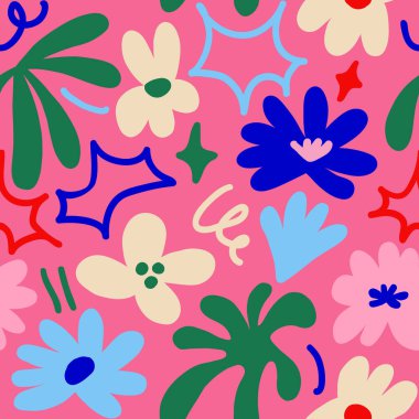 Abstract seamless pattern with cute hand drawn meadow flowers. Fashion stylish natural background. Hand drawn design elements for fabric, print, cover, banner, wrapping, wallpaper.