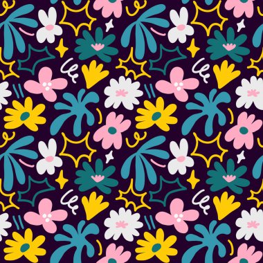 Abstract seamless pattern with cute hand drawn meadow flowers. Fashion stylish natural background. Hand drawn design elements for fabric, print, cover, banner, wrapping, wallpaper.