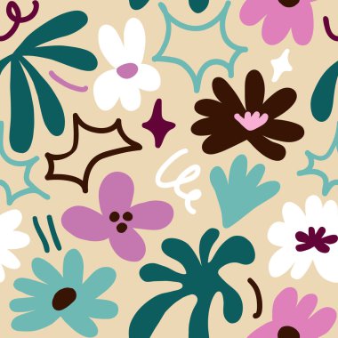 Abstract seamless pattern with cute hand drawn meadow flowers. Fashion stylish natural background. Hand drawn design elements for fabric, print, cover, banner, wrapping, wallpaper.
