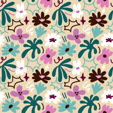 Abstract seamless pattern with cute hand drawn meadow flowers. Fashion stylish natural background. Hand drawn design elements for fabric, print, cover, banner, wrapping, wallpaper.