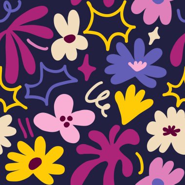 Abstract seamless pattern with cute hand drawn meadow flowers. Fashion stylish natural background. Hand drawn design elements for fabric, print, cover, banner, wrapping, wallpaper.
