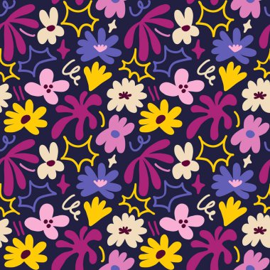 Abstract seamless pattern with cute hand drawn meadow flowers. Fashion stylish natural background. Hand drawn design elements for fabric, print, cover, banner, wrapping, wallpaper.