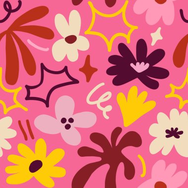 Abstract seamless pattern with cute hand drawn meadow flowers. Fashion stylish natural background. Hand drawn design elements for fabric, print, cover, banner, wrapping, wallpaper.