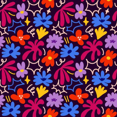 Abstract seamless pattern with cute hand drawn meadow flowers. Fashion stylish natural background. Hand drawn design elements for fabric, print, cover, banner, wrapping, wallpaper.