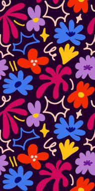 Abstract seamless pattern with cute hand drawn meadow flowers. Fashion stylish natural background. Hand drawn design elements for fabric, print, cover, banner, wrapping, wallpaper.