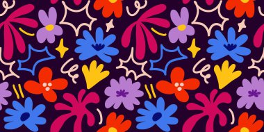 Abstract seamless pattern with cute hand drawn meadow flowers. Fashion stylish natural background. Hand drawn design elements for fabric, print, cover, banner, wrapping, wallpaper.