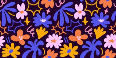 Abstract seamless pattern with cute hand drawn meadow flowers. Fashion stylish natural background. Hand drawn design elements for fabric, print, cover, banner, wrapping, wallpaper.