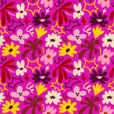 Abstract seamless pattern with cute hand drawn meadow flowers. Fashion stylish natural background. Hand drawn design elements for fabric, print, cover, banner, wrapping, wallpaper.