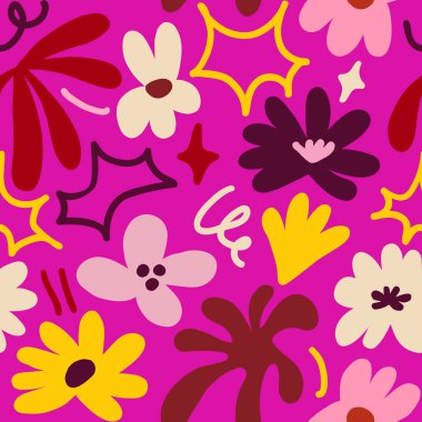 Abstract seamless pattern with cute hand drawn meadow flowers. Fashion stylish natural background. Hand drawn design elements for fabric, print, cover, banner, wrapping, wallpaper.