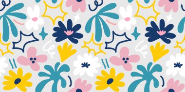 Abstract seamless pattern with cute hand drawn meadow flowers. Fashion stylish natural background. Hand drawn design elements for fabric, print, cover, banner, wrapping, wallpaper.