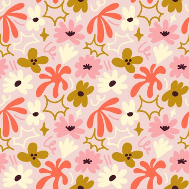 Abstract seamless pattern with cute hand drawn meadow flowers. Fashion stylish natural background. Hand drawn design elements for fabric, print, cover, banner, wrapping, wallpaper.