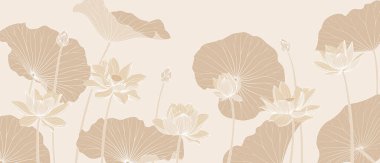 Lotus çiçeği, yaprak ve tomurcuklu lüks vektör arka planı. Minimalist doğrusal tarzda zarif bir çiçek duvar kâğıdı. Kumaş, baskı, kapak, afiş, davetiye, paket, duvar sanatı için stil tasarımı.