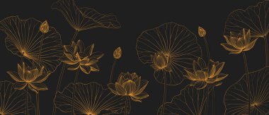 Lotus çiçeği, yaprak ve tomurcuklu lüks vektör arka planı. Minimalist doğrusal tarzda zarif bir çiçek duvar kâğıdı. Kumaş, baskı, kapak, afiş, davetiye, paket, duvar sanatı için stil tasarımı.