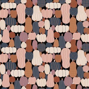 Renkli balkabaklarıyla kusursuz desen. Vektör el sonbahar çizimi. Cadılar Bayramı geçmişi.