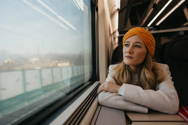 Blonde Woman Sitting Train — Stok Foto
