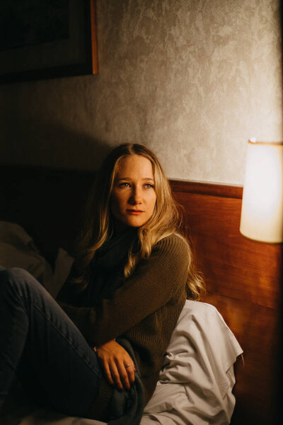 Beautiful Young Woman Sitting Hotel Room Stock Image