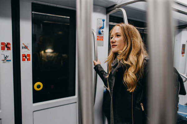 Young Woman Backpack Subway Station Royalty Free Stock Photos