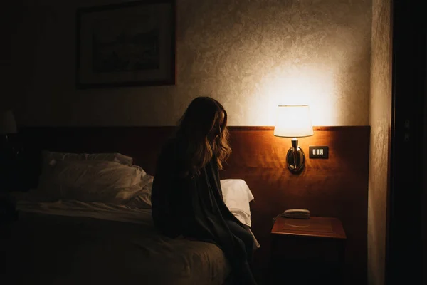 Beautiful Young Woman Sitting Hotel Room Stok Fotoğraf