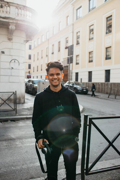Young Photographer Tourist Smiling European Side Street Stock Photo